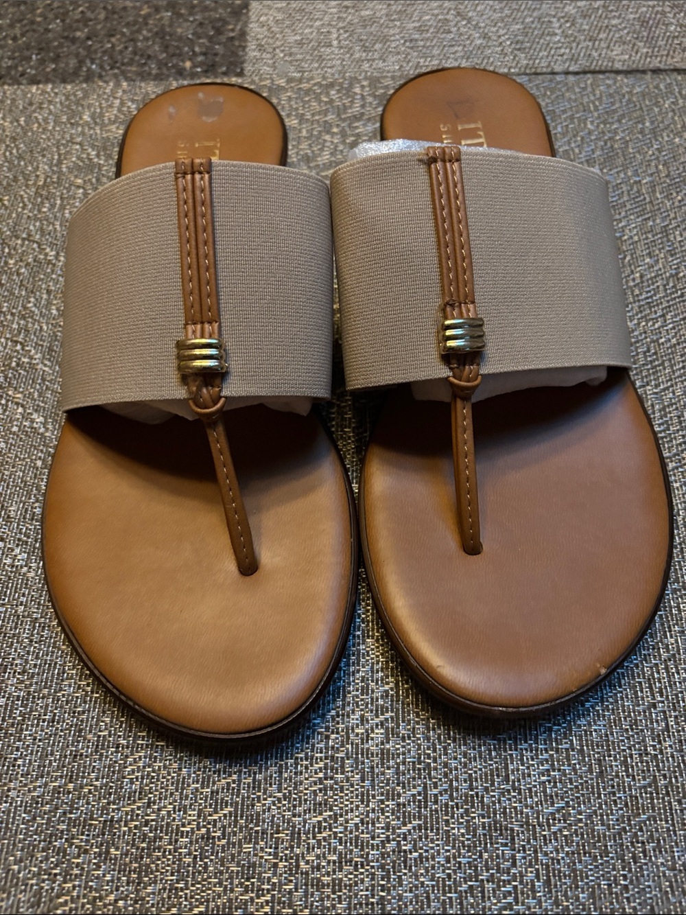 Italian Shoemakers Tan and Beige Slide Sandals with Gold Accents
